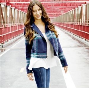 Gap Moto Plaid Wool Blend Green/Blue Cropped Asymmetrical Jacket